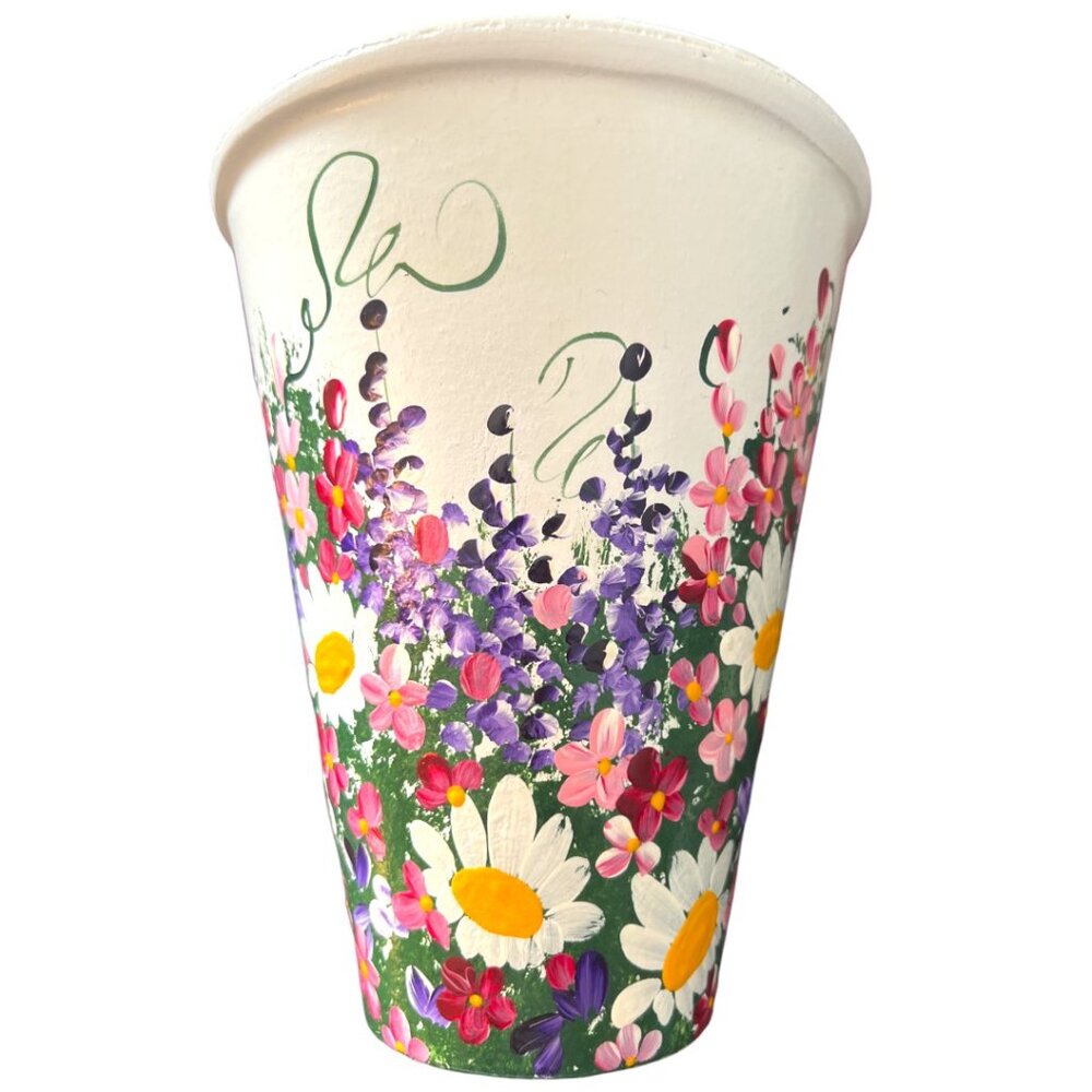 Sublime Handpainted TERRACOTTA VASE Planter Pot Wraparound Flowers Glazed 7.5" T